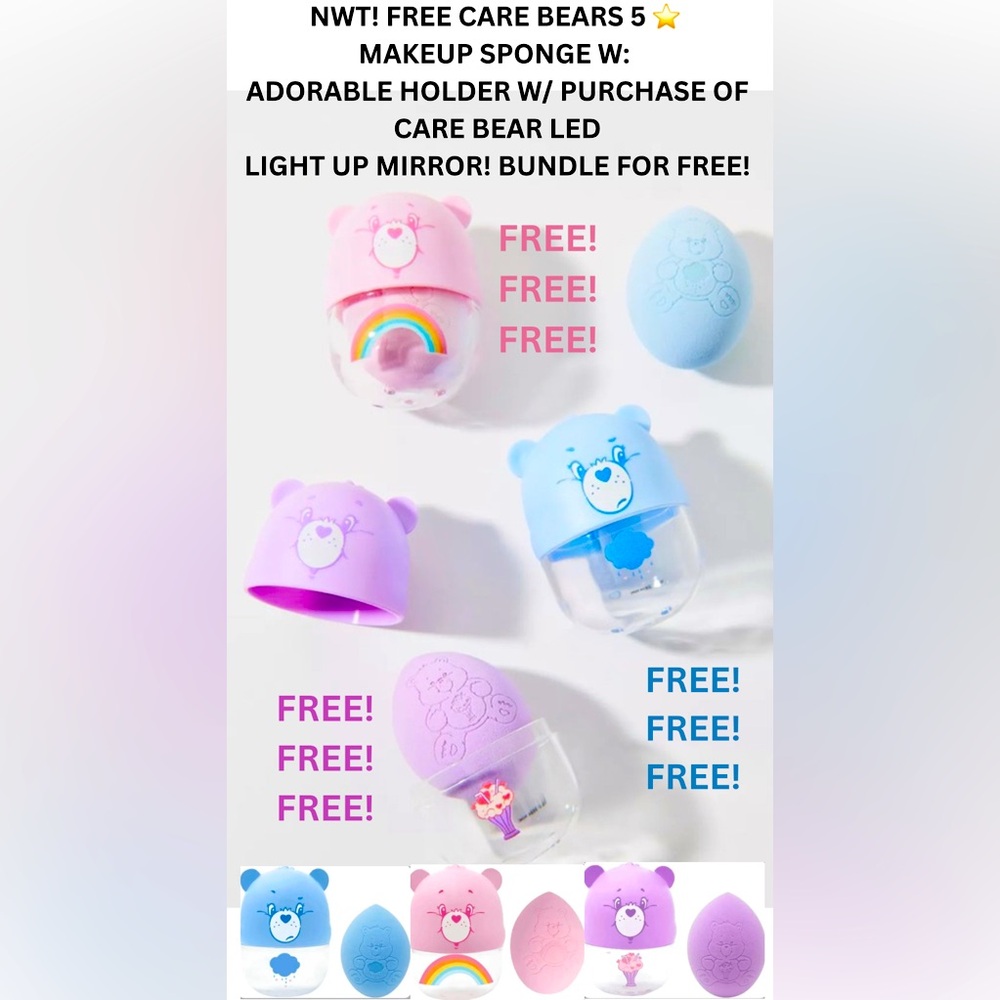 NWT! FREE! BUNDLE CARE BEARS ADORABLE MAKE UP SPONGE WITH THE CB LED MIRROR!